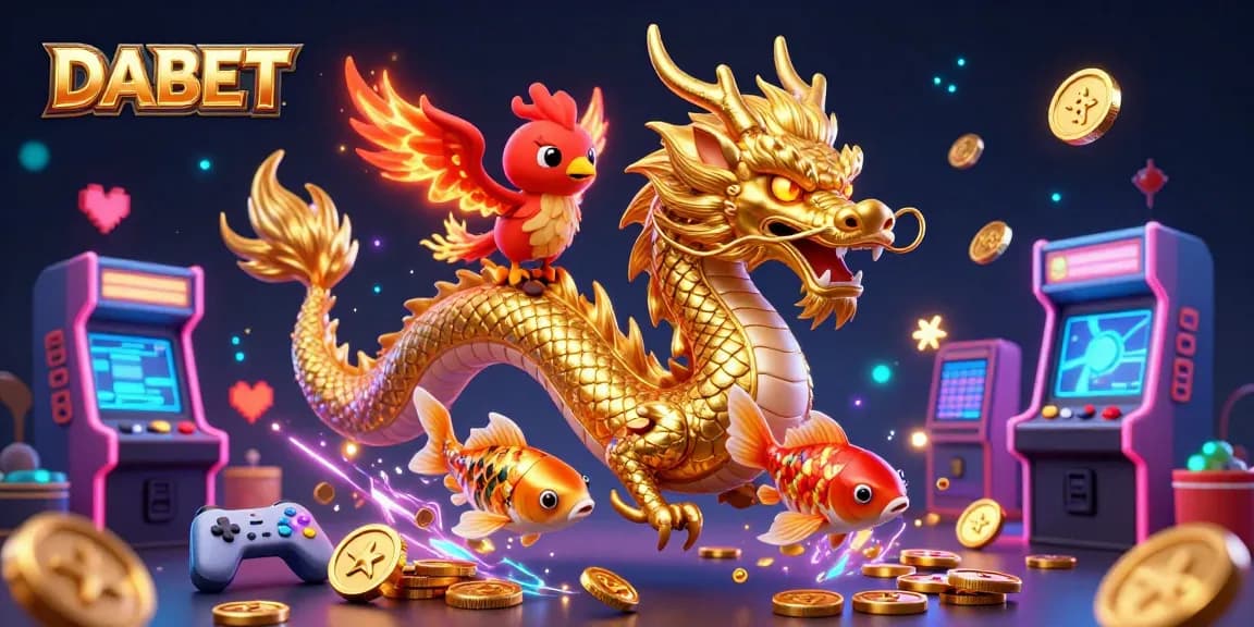 DABET showcases a fierce golden dragon and phoenix amidst coins and vibrant gaming elements, highlighting top casino excitement.