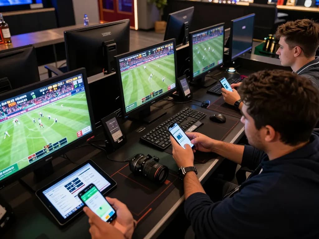 Engaged players placing bets on sky88 using smartphones in a vibrant sports betting atmosphere.