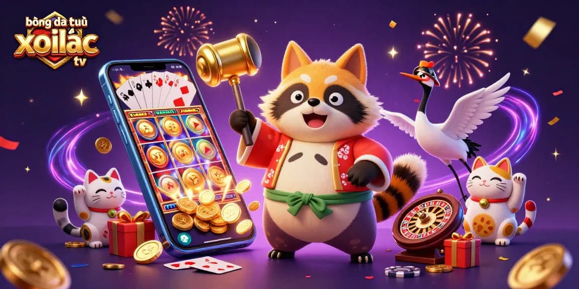 Experience bóng đá trực tuyến xoilac tv excitement with cheerful casino-themed 3D characters in a festive scene.