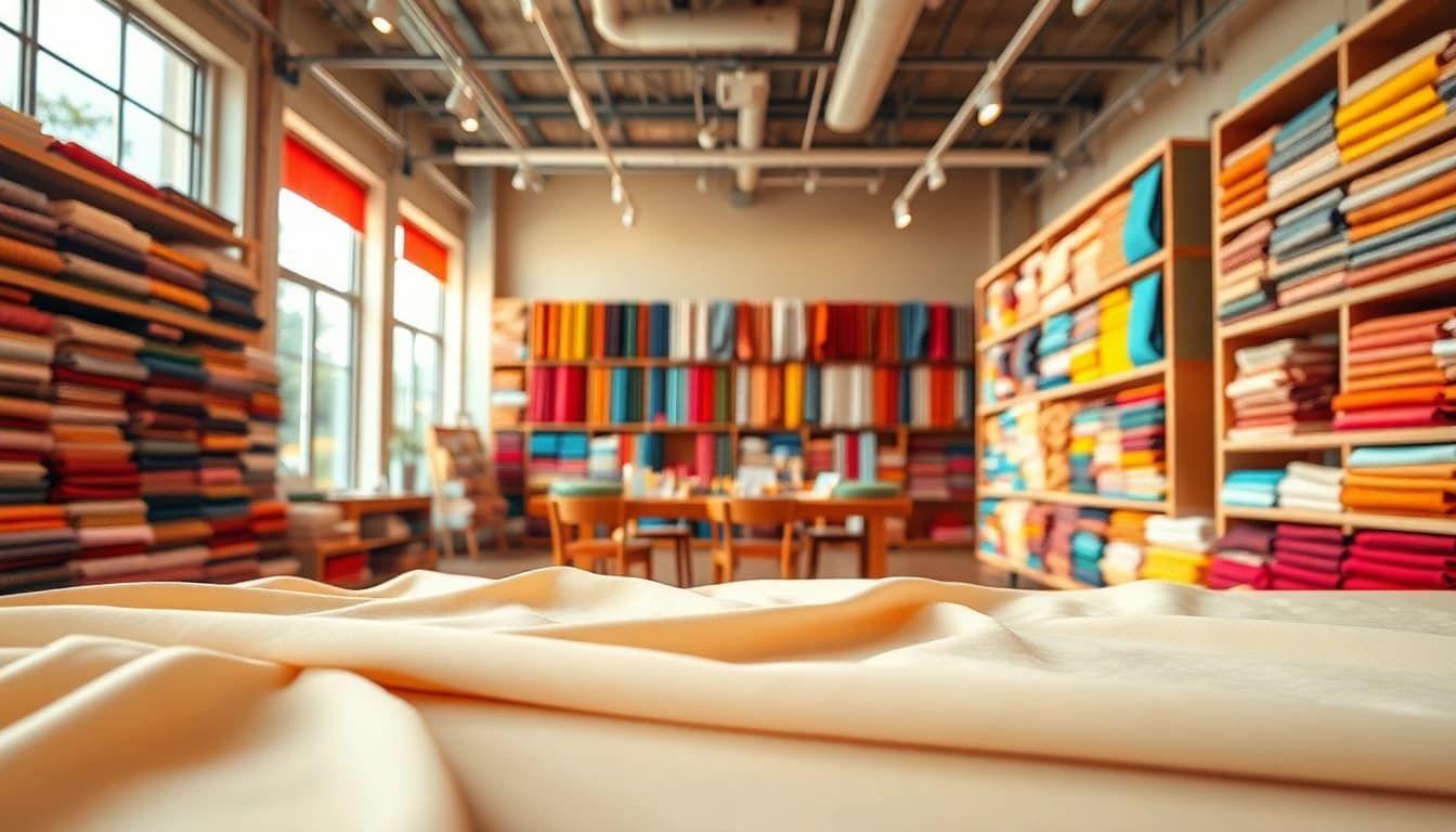 Ontdek stoffen winkel online met kleurrijke stoffen prachtig gepresenteerd in een gezellige omgeving.