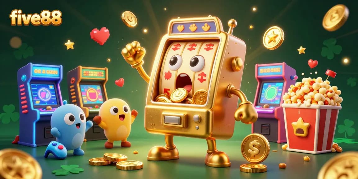 five88's golden slot machine celebrating its jackpot victory amid vibrant casino elements