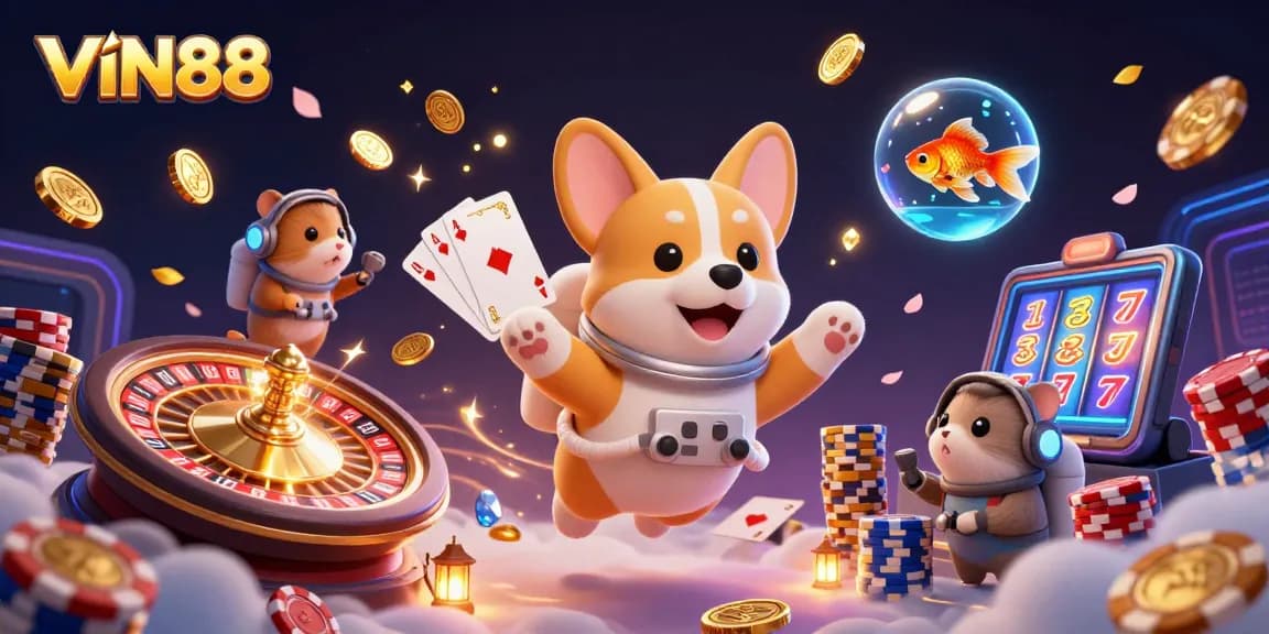 VIN88 engages players in an exciting space casino with floating chips and dynamic game elements.