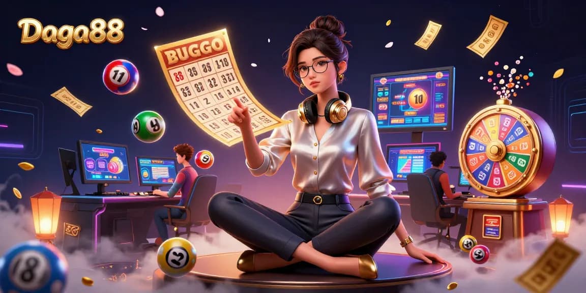 Daga88 offers an exciting online gaming experience with colorful lottery balls and vibrant casino elements.