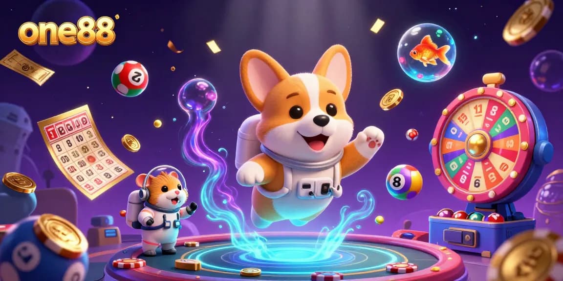Experience exhilarating wins with one88 in a dynamic space casino scene featuring playful characters.