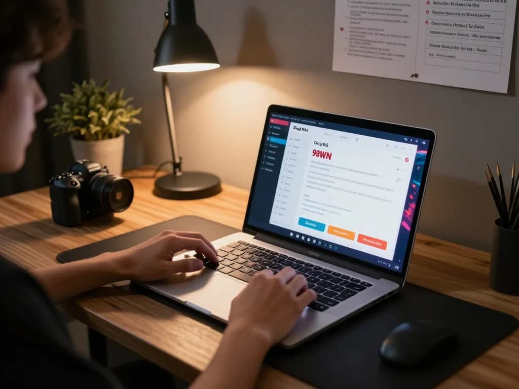 Engaging in Đăng Nhập 98WIN online gambling on a laptop in a cozy home setting.