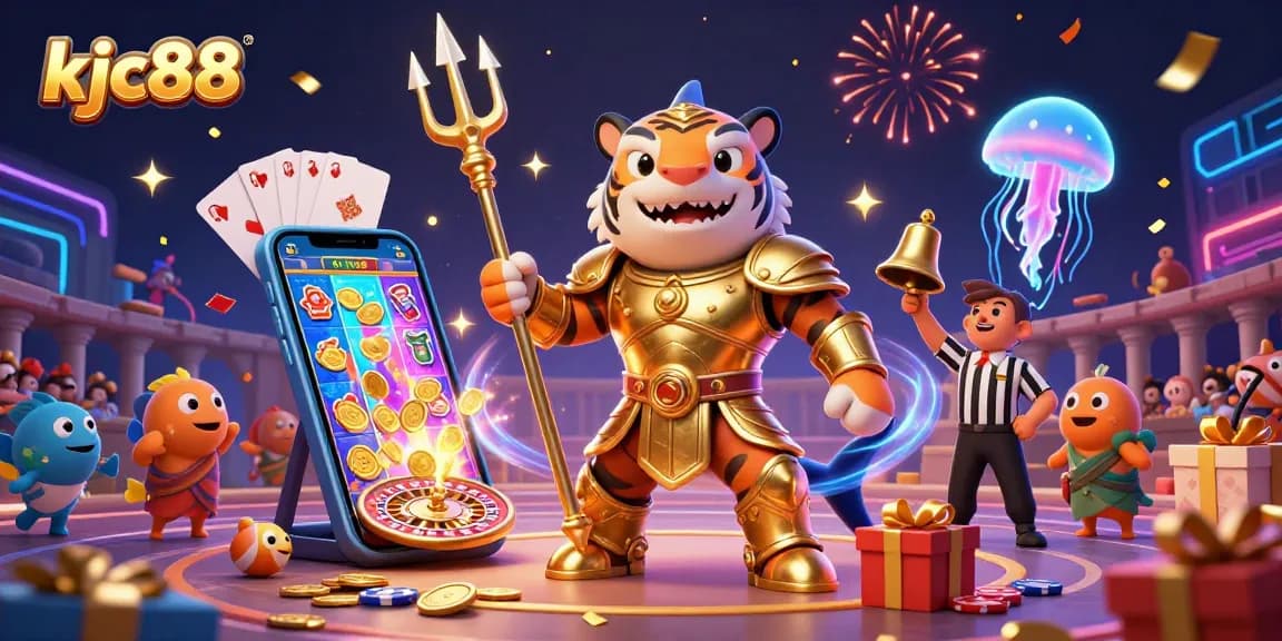 Engage in thrilling gameplay with kjc88's vibrant underwater casino scene featuring a golden armored shark and exciting game elements.