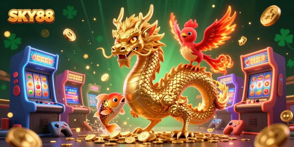 Engage in thrilling games at SKY88 with a vibrant scene of a dragon, phoenix, and koi fish.