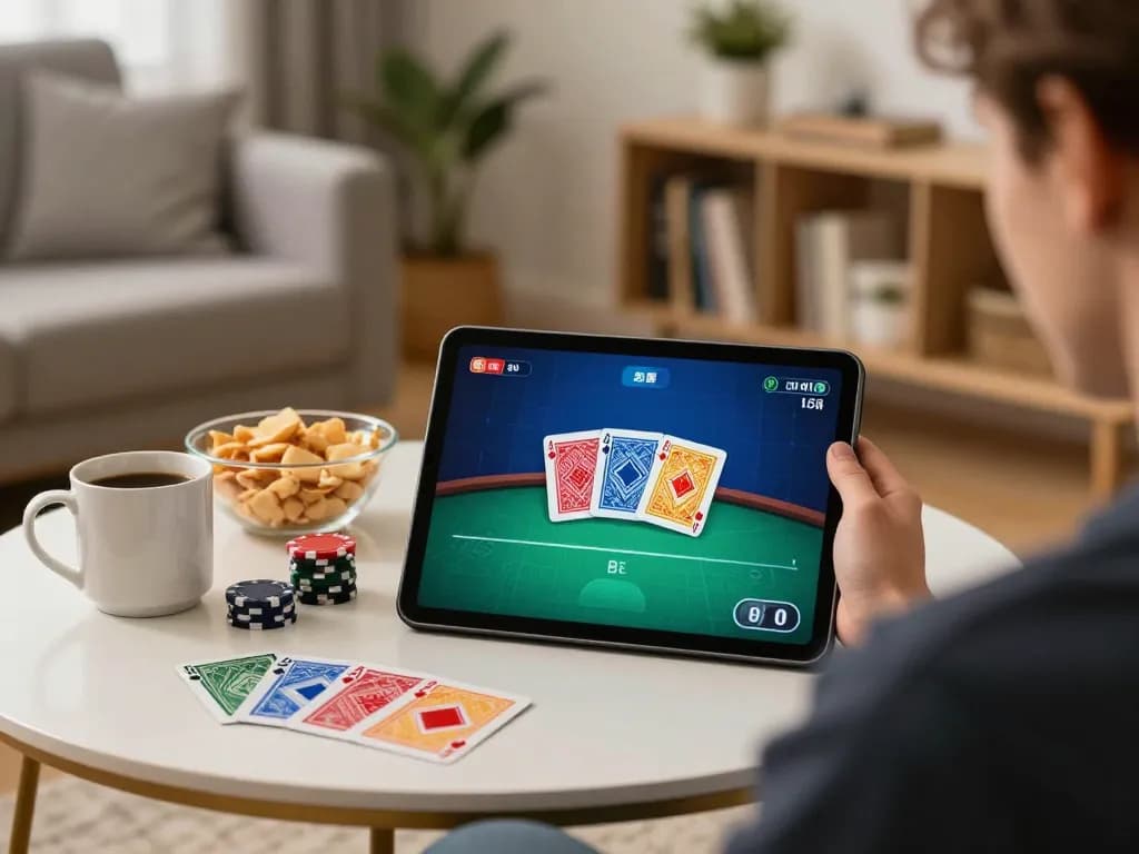 Playing poker online with a tablet interface showing cards and chips on https://dabet39.net/ in a cozy living room setting