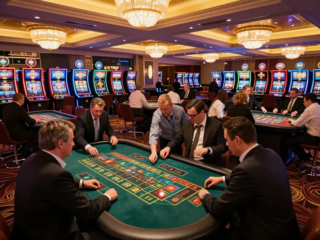 Engaging players at roulette tables and betting with excitement at w188 bet casino floor.