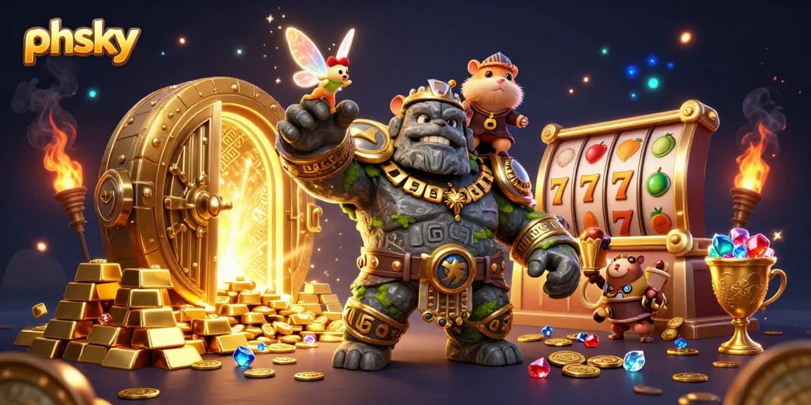 PHSKY casino adventure with a golem guardian and a fairy companion amidst treasure and slot reels.