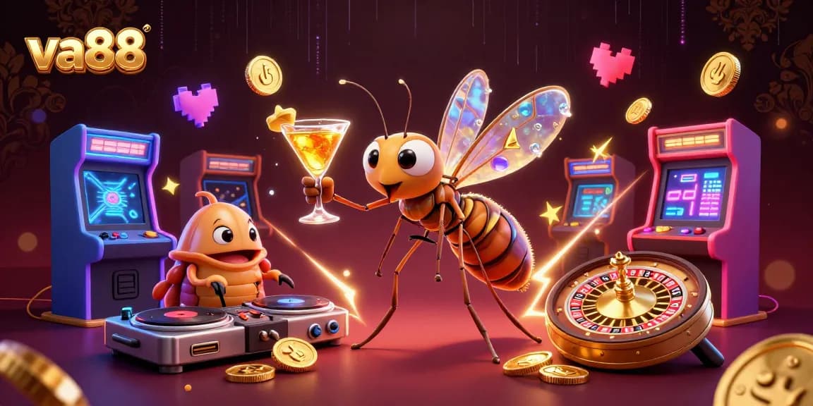 Spin and win at va88 with a colorful casino illustration featuring a unique frozen mosquito mascot and dynamic gaming elements.