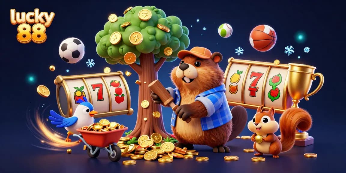 Engage with lucky 88 in this vibrant casino scene featuring a beaver celebrating jackpot wins.