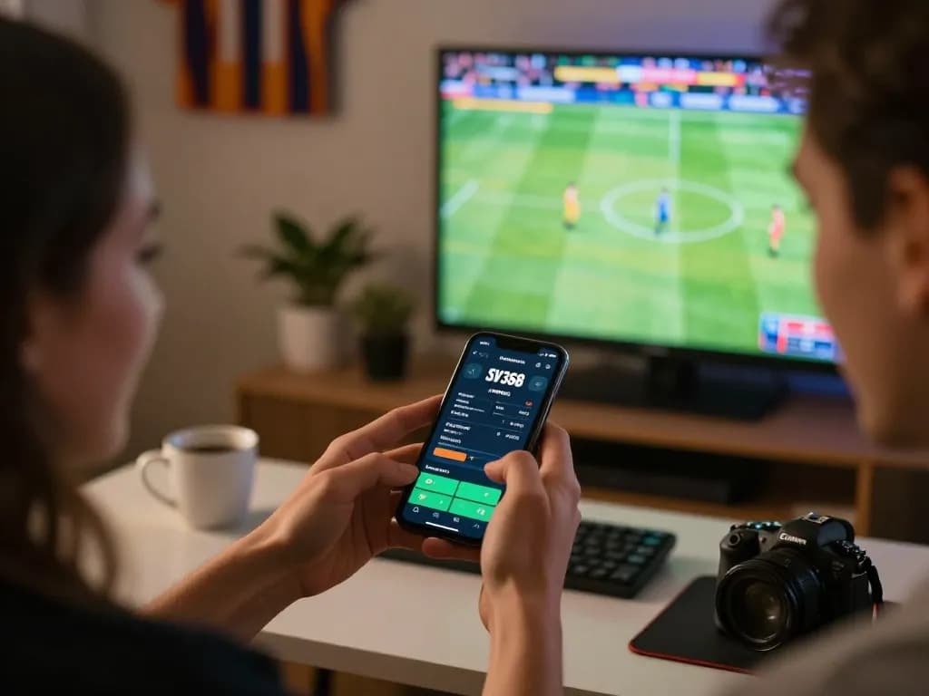 Engaging sports betting action on the SV368 app, capturing excitement and strategy in a dynamic home setting.