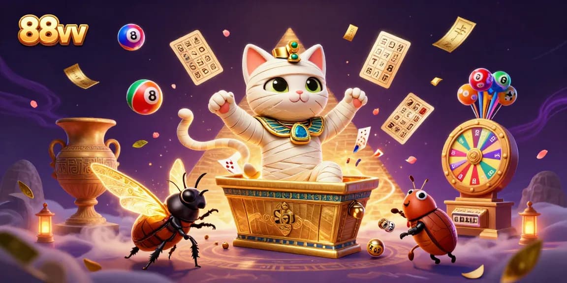 Experience excitement at 88vv with our vibrant pyramid casino featuring unique characters and lottery action.