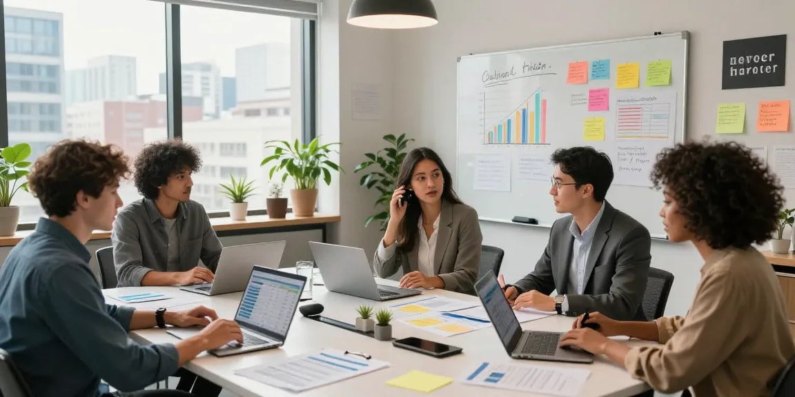 Business accounting for small business team collaborating with reports in a vibrant office.