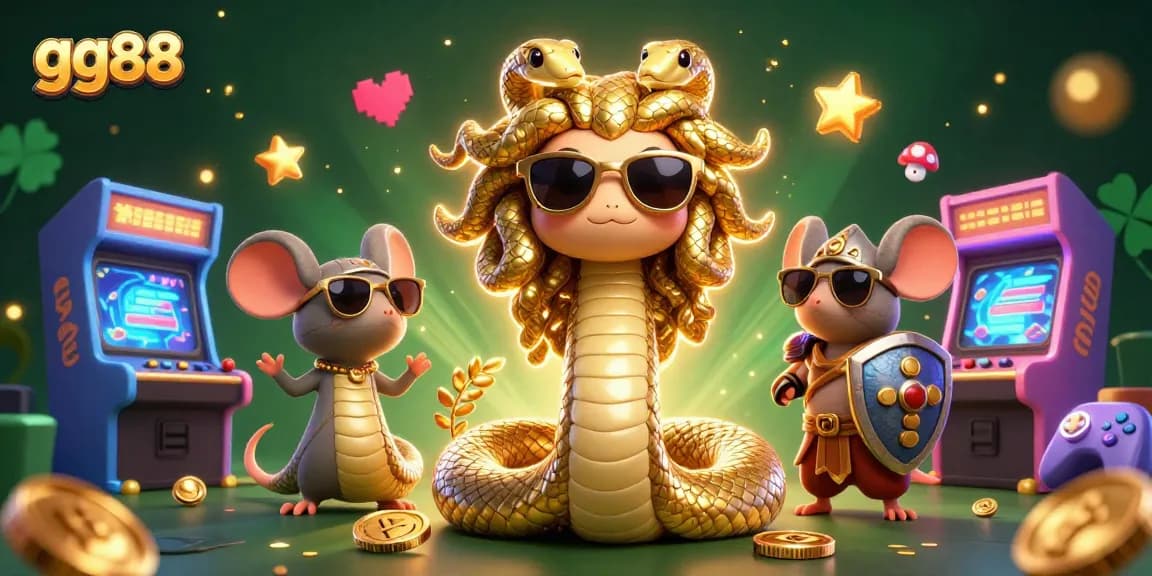 Experience the vibrant world of gg88 with a playful Medusa and a warrior mouse, celebrating casino gaming.