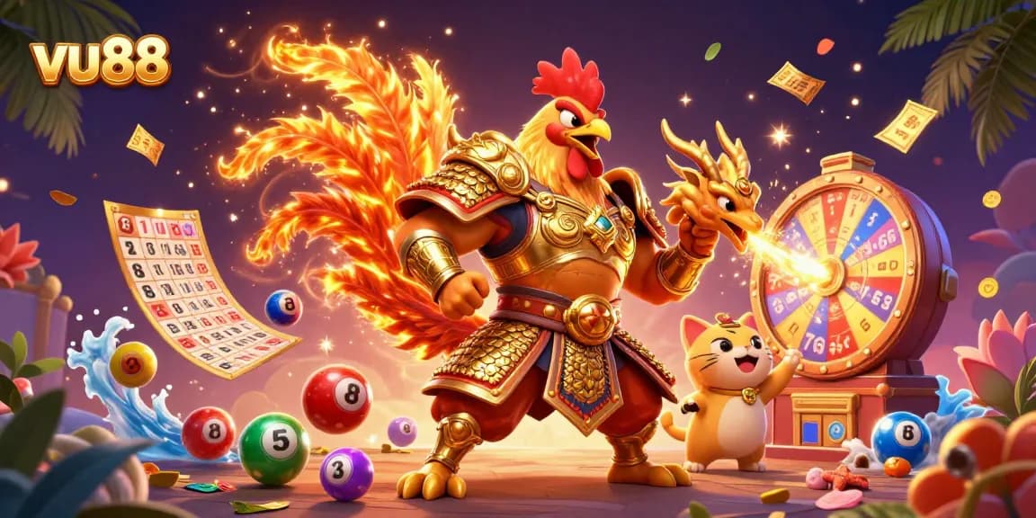 Engage in exciting gameplay at vu88 with vibrant lottery balls and animated characters in a lively casino scene.