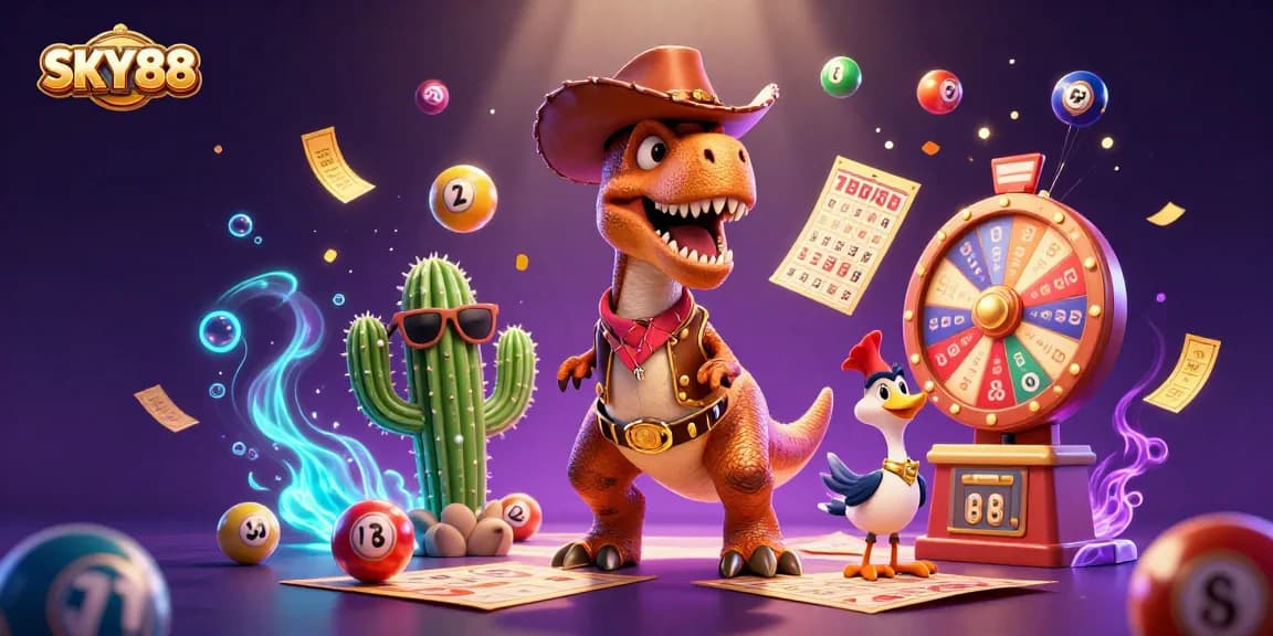 Engage in thrilling gameplay at SKY88 with dynamic 3D illustration featuring colorful lottery elements.