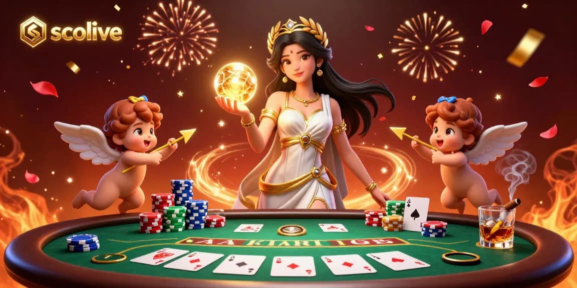 Socolive provides vibrant poker action with a glowing goddess and cherubs amidst colorful chips and cards.
