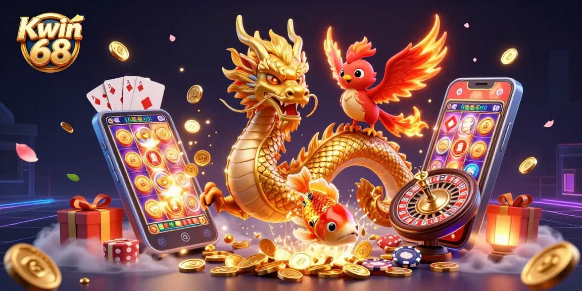 Experience the thrill of Kwin 68 with vibrant casino elements showcasing a fierce dragon, phoenix, and jumping koi.