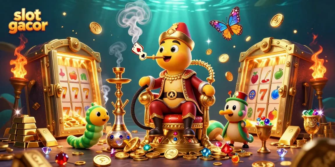 Engage with slot gacor excitement featuring a vibrant 3D cartoon caterpillar master in a casino scene.