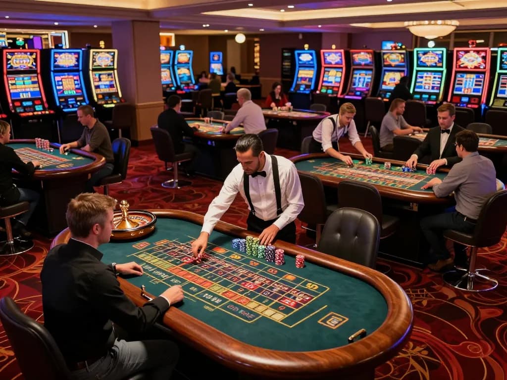 Players place bets at roulette tables in a vibrant casino scene at https://lucky88za.com/, showcasing excitement and luxury.