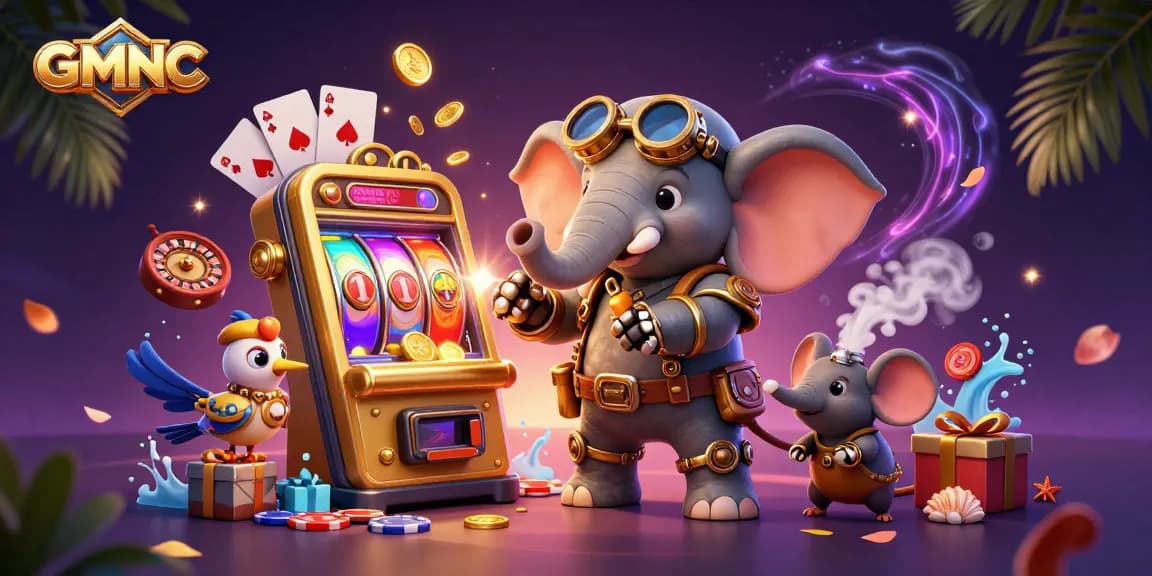 GMNC showcases a vibrant 3D steampunk elephant at a golden slot machine, capturing the excitement of online gaming.