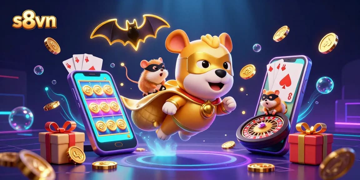 Win big with s8vn in this vibrant 3D scene featuring a superhero dog flying with gold coins.