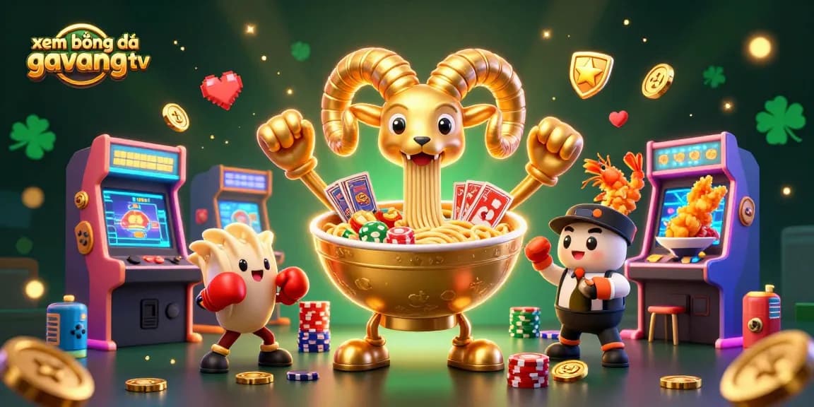Engage in xem bóng đá gavangtv with vibrant casino elements featuring a giant ramen bowl, cheerful sushi, and gyoza.