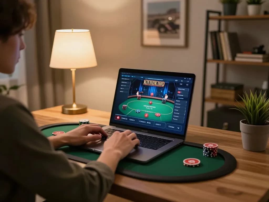 Engaging in online gaming on trang chủ 88XX with cozy home setup and polished poker interface.