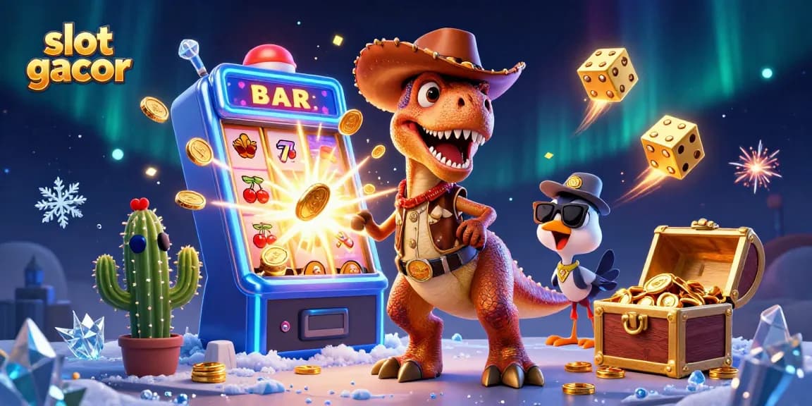 Slot gacor dengan T-Rex, kaktus, dan roadrunner dalam ilustrasi kasino yang penuh keceriaan