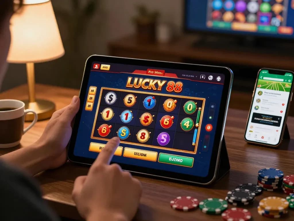 Engage with LUCKY 88 slot game on a tablet, showcasing online casino excitement at home.