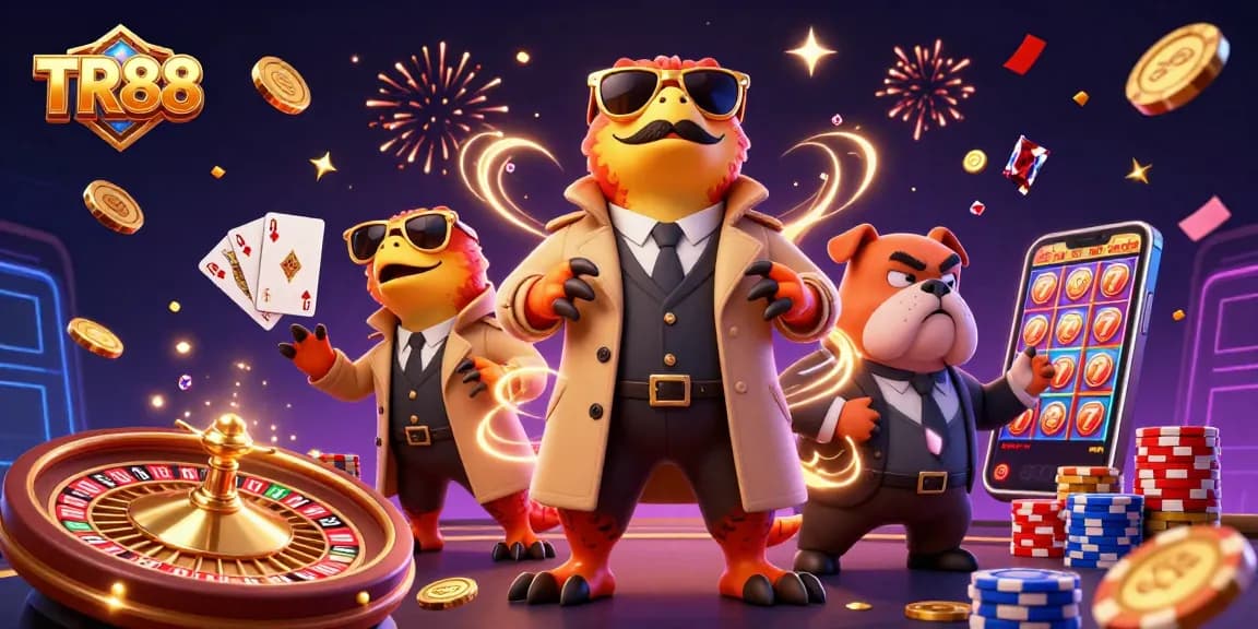 Win big at TR88 with raptors in disguise entering a VIP casino lounge amidst spinning wheels and golden coins.