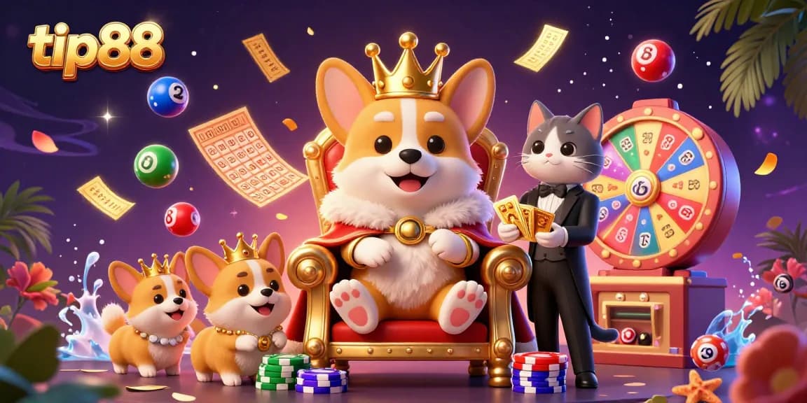 Engage with exciting games at tip88, a vibrant 3D casino scene with lively characters and dynamic elements.