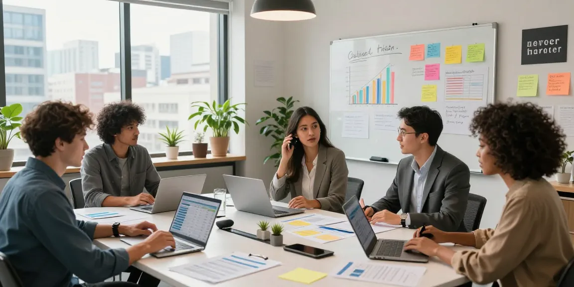 Business accounting for small business team collaborating with reports in a vibrant office.