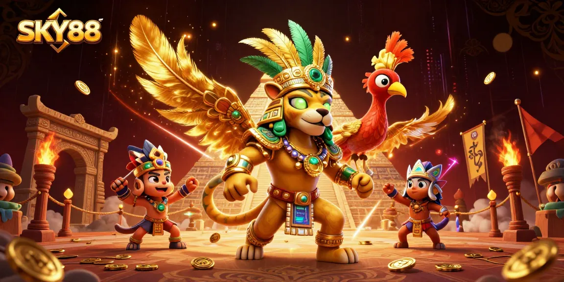 Experience the excitement of SKY88 with a vibrant 3D illustration showcasing unique casino elements and characters.
