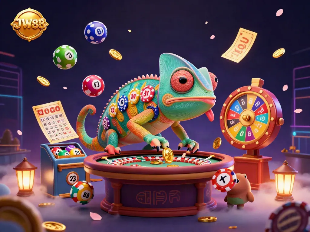 JW88 presents a vibrant scene with a colorful chameleon casino owner amid dynamic gambling elements.