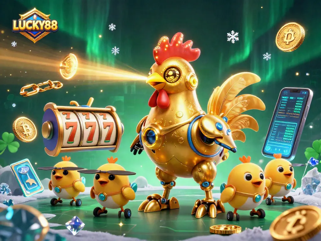 Engage with LUCKY88 slot machines featuring a glamorous golden rooster robot and crypto elements.