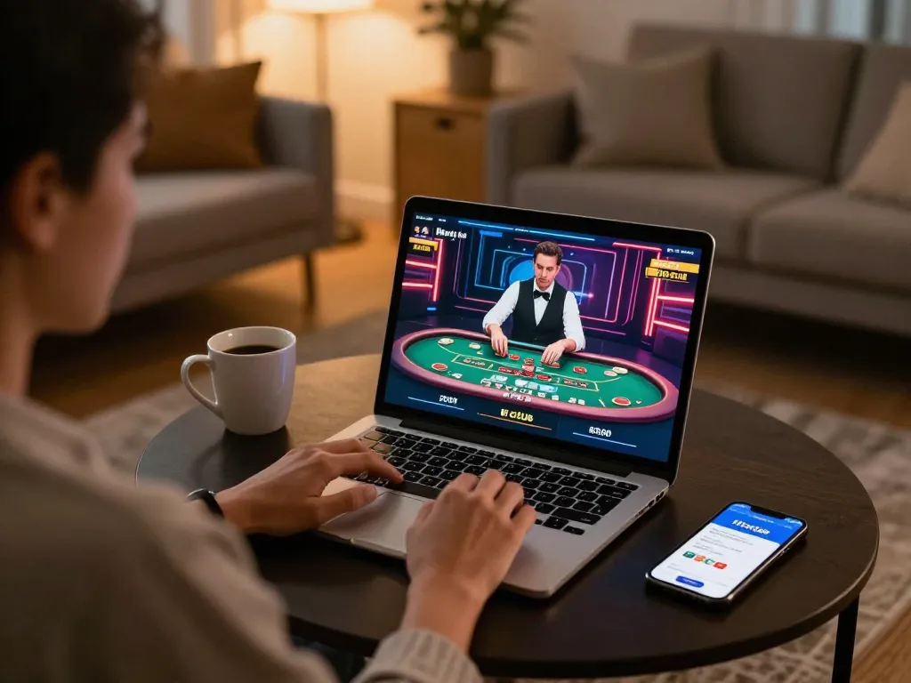 Engaging in online gaming at https://hitclub.im/ with a laptop and live dealer, creating an immersive casino experience.