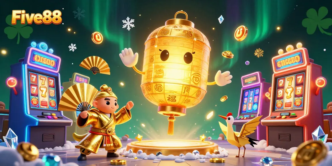 Engage in thrilling gaming at Five88's vibrant casino with golden lucky symbols and dynamic characters.