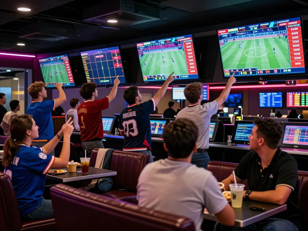 Engaged bettors analyzing odds at FIVE88 sports lounge with vibrant energy and screens.