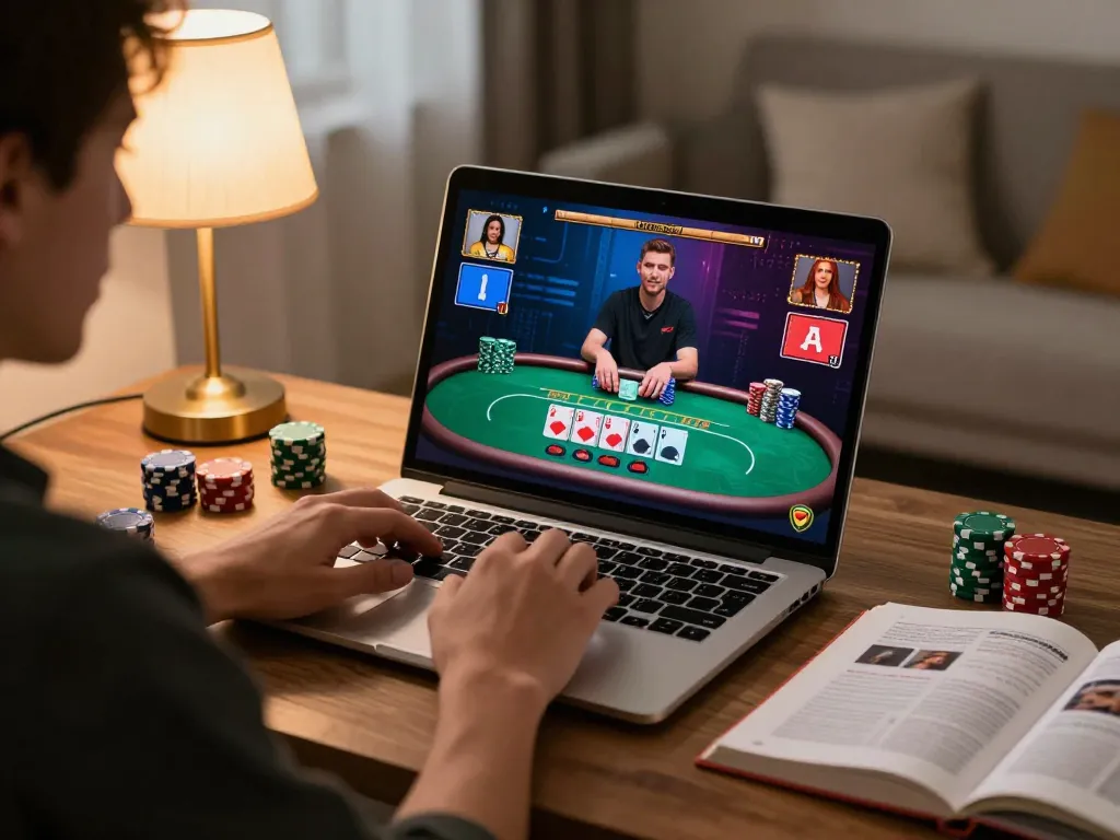Engaged player enjoying 92slot online poker game at home with strategy notes.