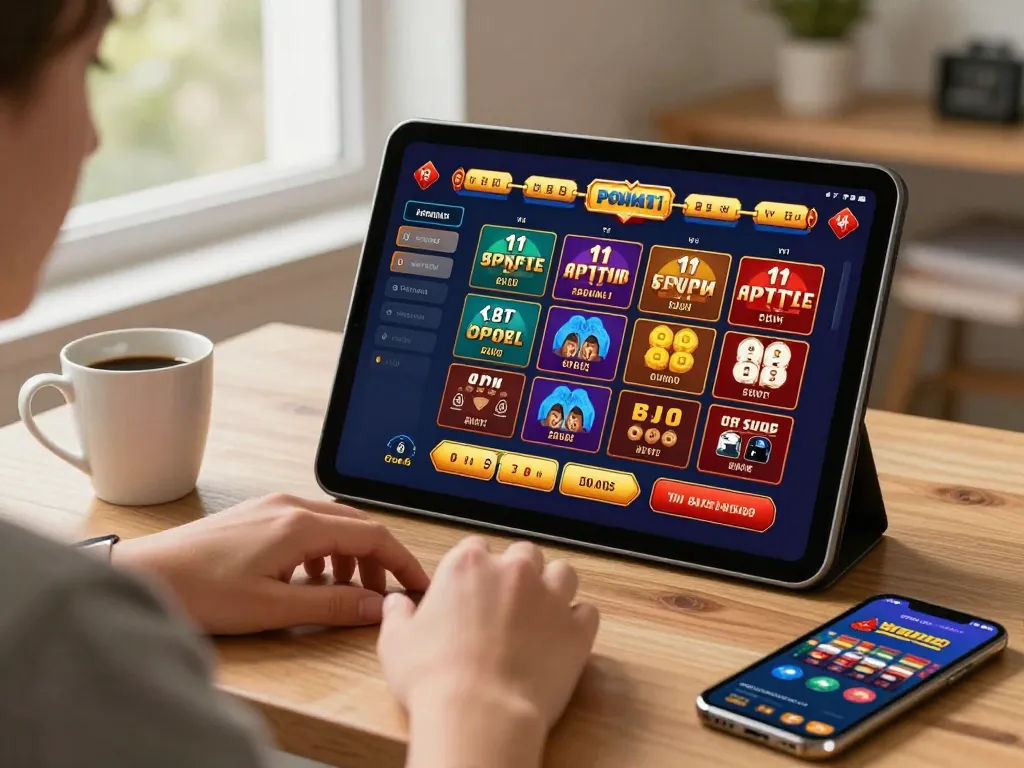 Engaging in online casino gaming with Hitclub on a tablet in a cozy home setup