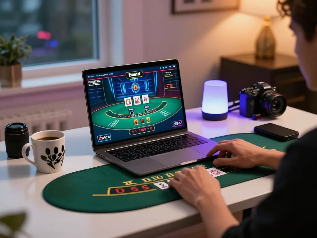 Player engages in live dealer blackjack on their laptop in a stylish gaming setup, highlighting mm88star experiences