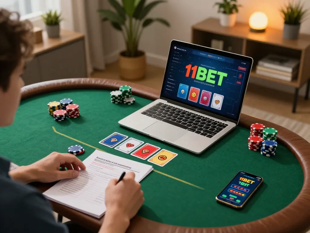 Experience thrilling online poker gameplay with 11BET in a cozy home setting.
