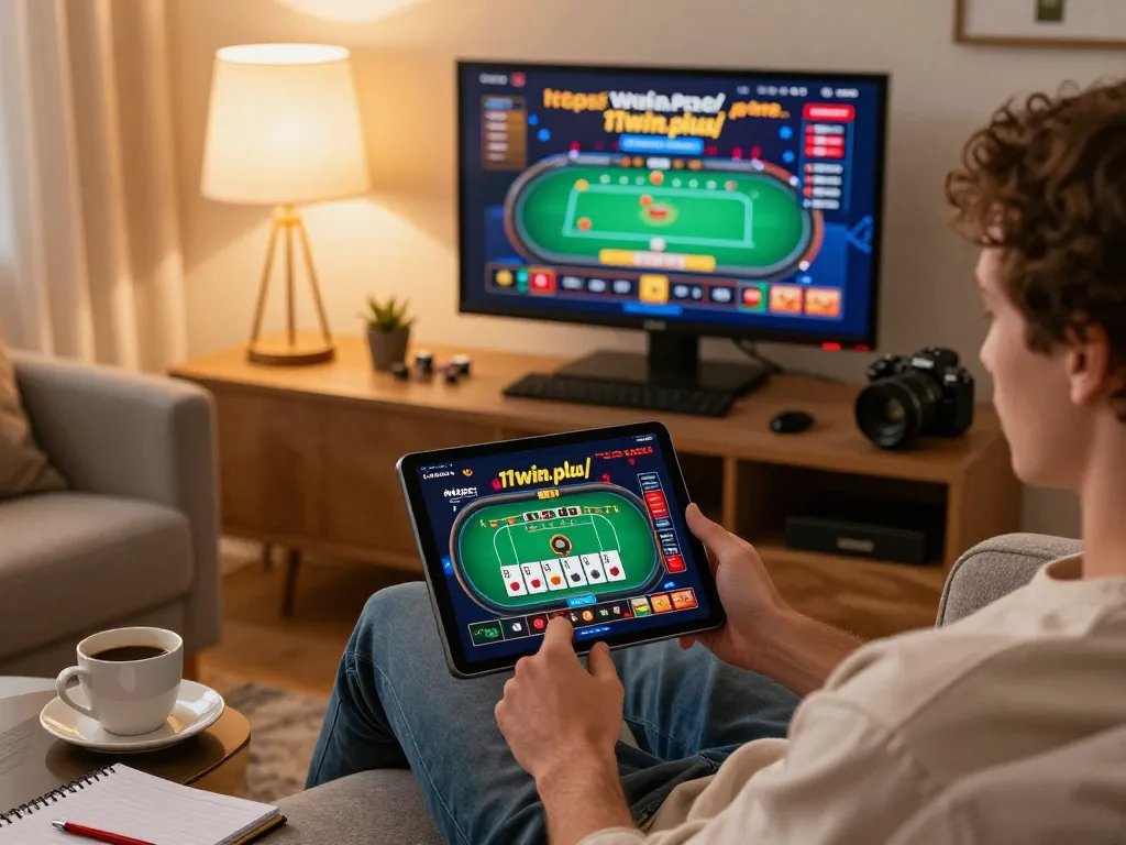 Engaging online poker game interface at https://11win.plus/, person strategizing at home.