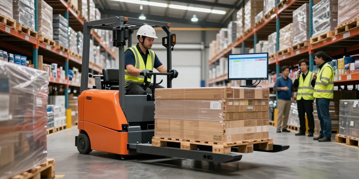 Operator efficiently using a pallet lift in a busy warehouse, moving heavy loads and enhancing productivity.