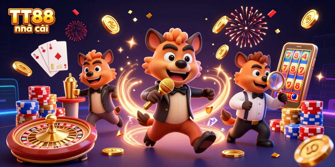 Bet on TT88 nhà cái in vibrant 3D casino illustration featuring hyenas and dynamic gaming elements.