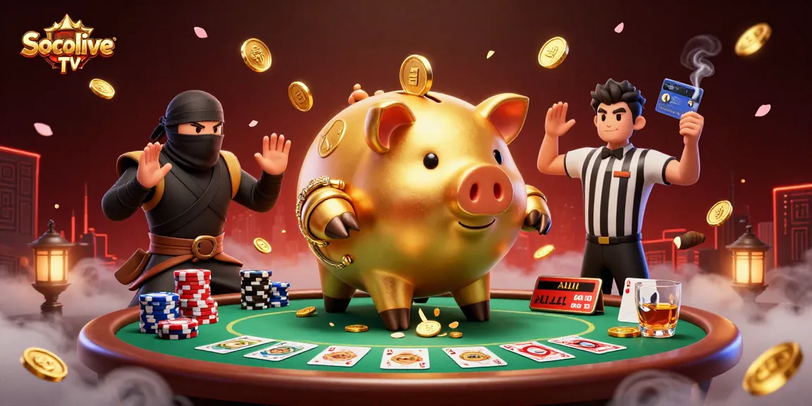 Experience Socolive TV with a dynamic gaming scene featuring a piggy bank sumo wrestler, intense poker action, and vibrant coins raining down.