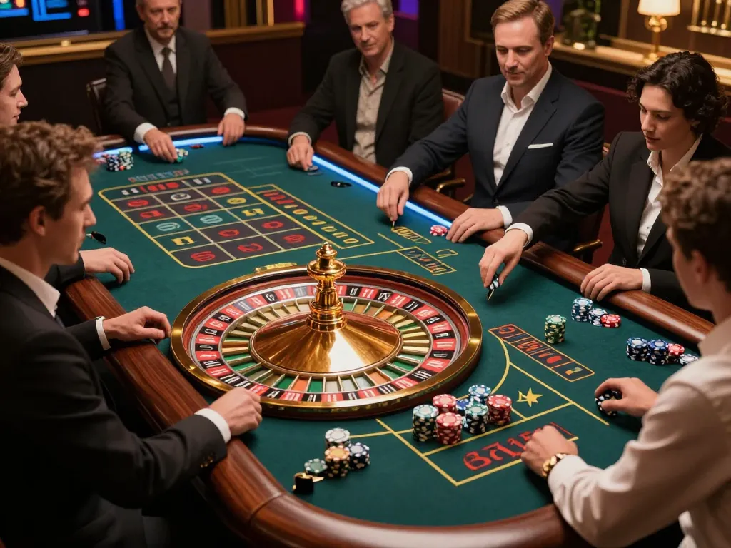 Dabet players enjoy an exciting roulette game while betting at a luxurious casino table.